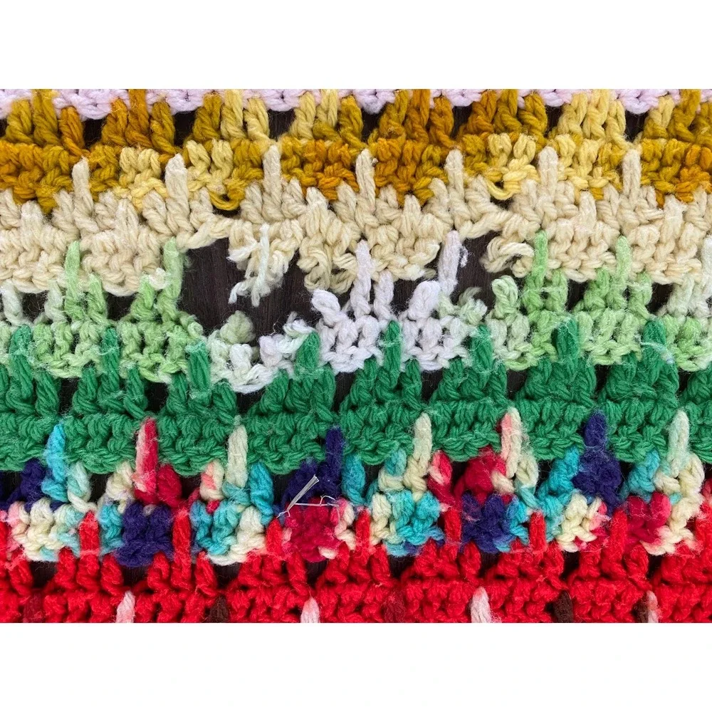 Vintage Crochet Afghan Blanket Handmade Multicolored Boho Fringe 60 x 41.5